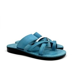 Jerusalem Sandals Womens Leather Toe Ring Sandals Turquoise Blue Handmade 39/8